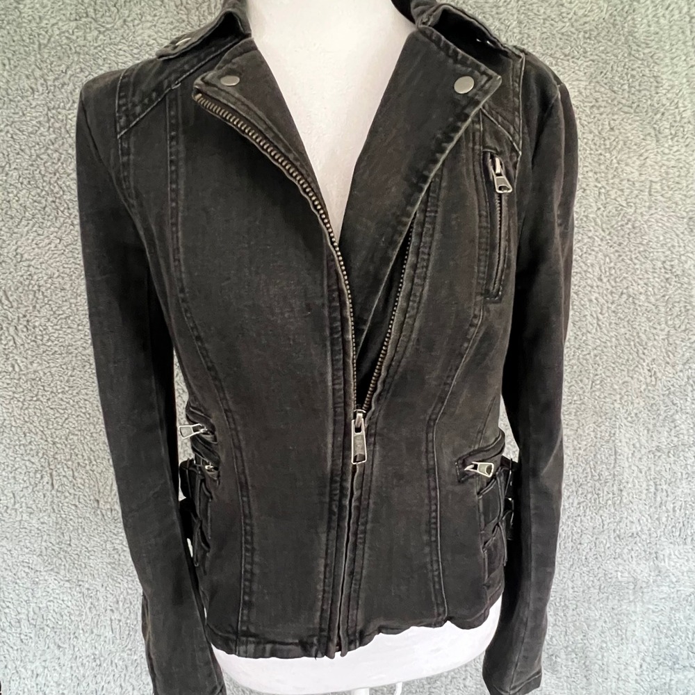 Free People Denim Jacket Fitted Biker Moto Sz 0 Faded Black Gray Fitted Stretch